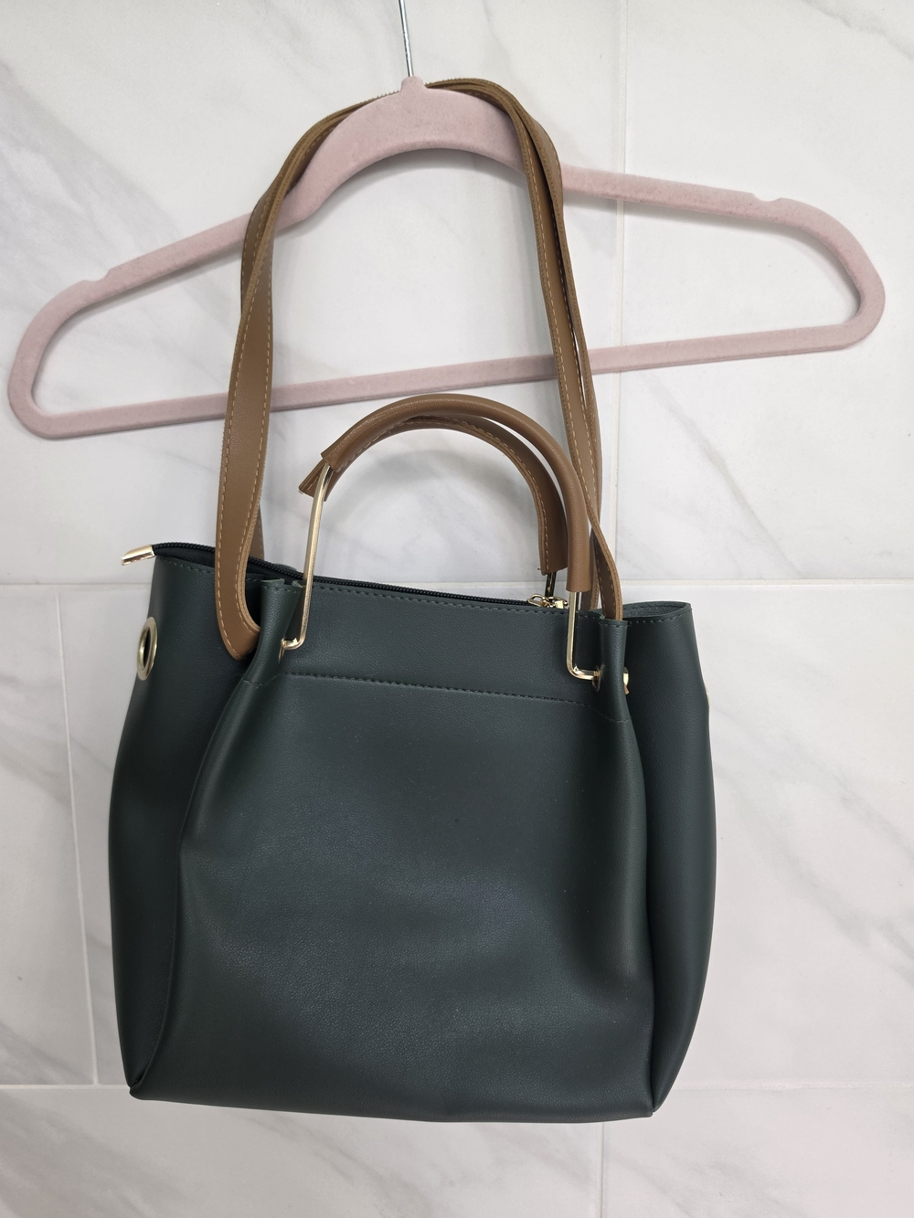 Women’s Dark Green Tote Bag with Tan Handles